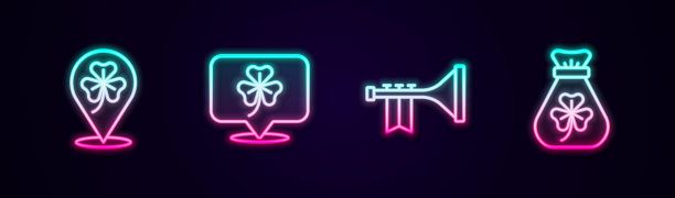 设置线三叶草三叶，小号和钱袋与三叶草。发光的霓虹灯图标。向量图片下载