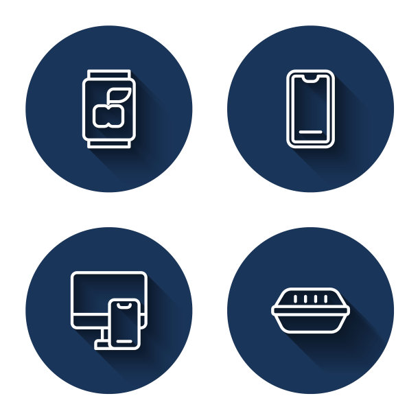 设有饮料罐、手机订餐、网上订餐、带长影子的午餐盒。蓝色圆按钮。向量图片下载