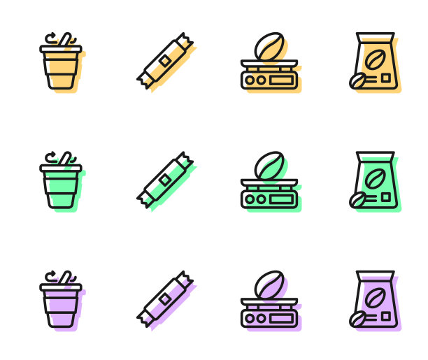 设置线电子咖啡秤，咖啡杯走，糖棒包和袋豆图标。向量图片下载