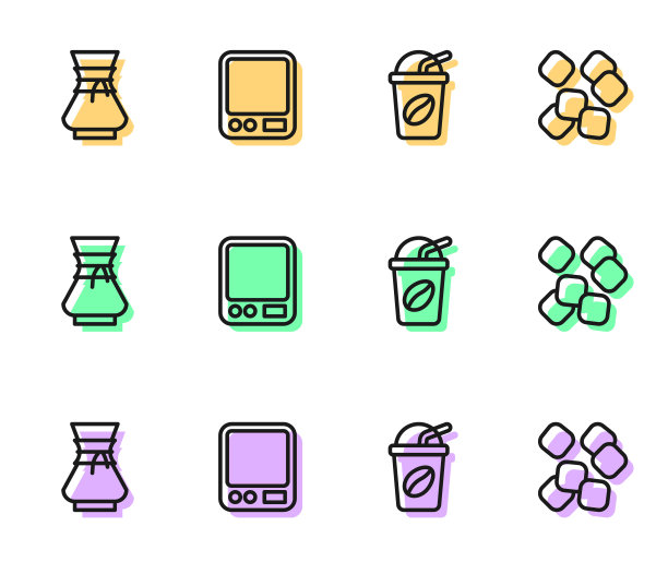 设置行冰咖啡，倒壶，电子秤和方糖图标。向量图片下载