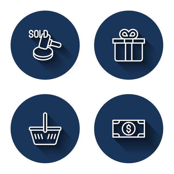 集拍卖锤，礼品盒，购物篮和叠纸现金与长影子。蓝色圆按钮。向量图片下载