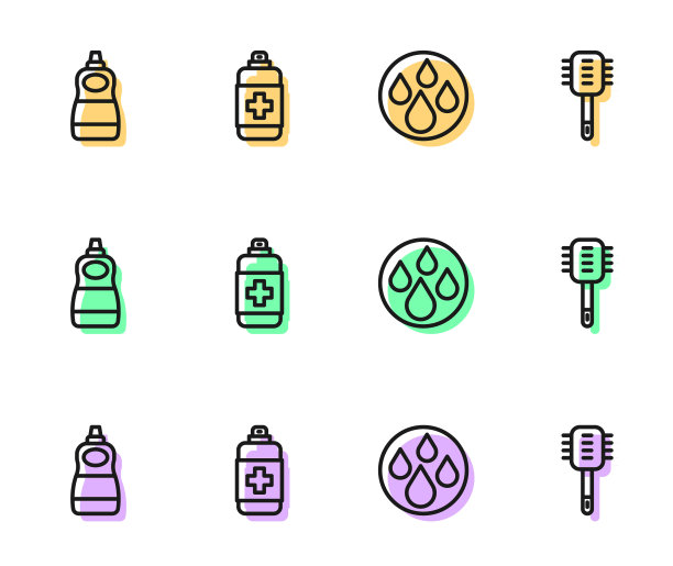 设置线上水滴、洗洁精、抗菌皂和马桶刷图标。向量图片下载