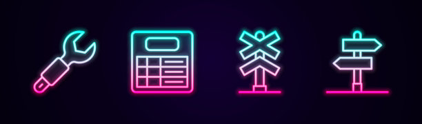 可设置线扳手扳手、火车站板、铁路道口、道路交通标志等。发光的霓虹灯图标。向量图片下载