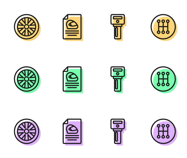 设置线汽车钥匙与遥控，合金车轮汽车，赛车头盔和变速杆图标。向量图片下载