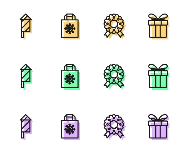 设置线圣诞花环，烟火火箭，购物袋和礼盒图标。向量图片下载