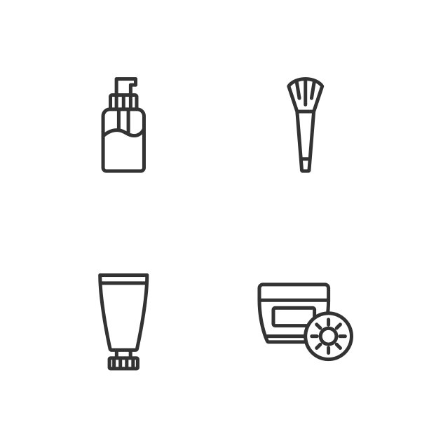 设置线防晒霜管，霜或乳液化妆品，瓶子液体肥皂和化妆刷图标。向量图片下载