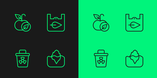 设置行冰山，传染性废物，苹果和购物袋与回收图标。向量图片下载