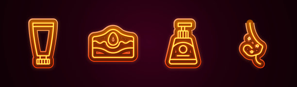 设置线霜或乳液化妆品管，痤疮，和。发光的霓虹灯图标。向量图片下载