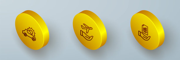 设置等距线汽车保险，飞机手和合同图标。向量图片下载