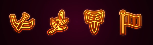 设置线贡多拉船，橄榄枝，嘉年华面具和旗帜意大利。发光的霓虹灯图标。向量图片下载