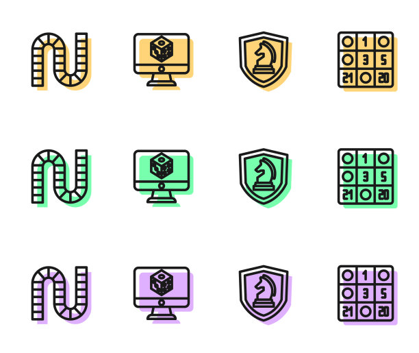 设置线国际象棋，棋盘游戏，游戏骰子和宾果卡图标。向量图片下载