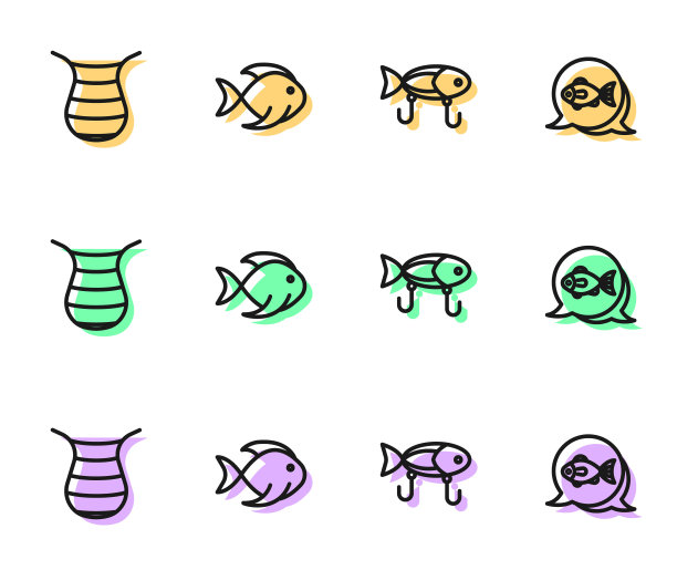设置鱼饵、网和图标。向量图片下载