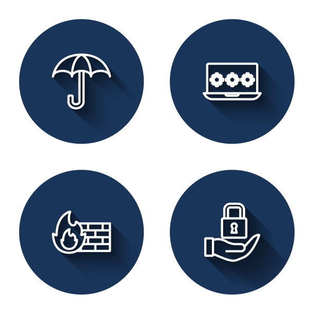 设置线伞、带密码的笔记本电脑、防火墙、安全墙和长影子锁。蓝色圆按钮。向量图片下载