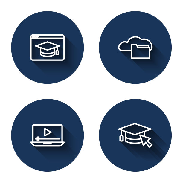 在线在线教育，云或在线图书馆，播放视频和毕业帽，游标带长阴影。蓝色圆按钮。向量图片下载