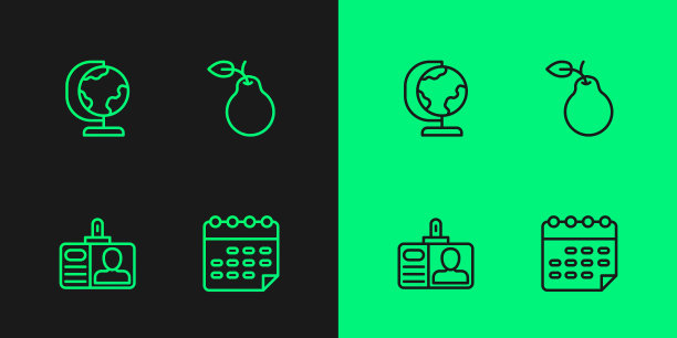 设置学校时间表，标识牌，地球仪和梨图标。向量图片下载