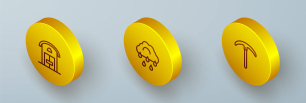 设置等距线农舍，云带雨和鹤嘴锄图标。向量图片下载