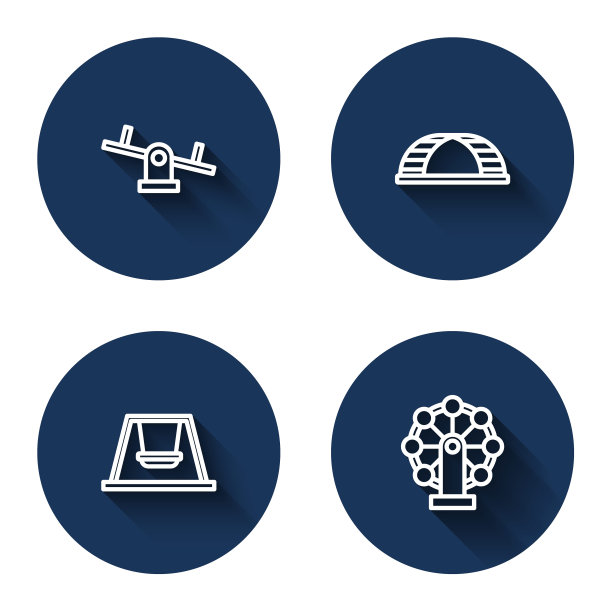 设有跷跷板、猴杠、儿童秋千和长影摩天轮。蓝色圆按钮。向量图片下载