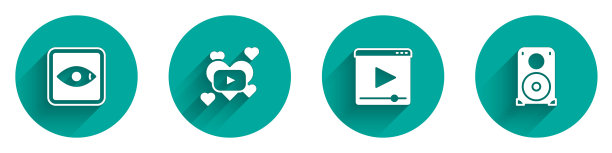 设置评级电影，浪漫，在线播放视频和立体声扬声器图标与长阴影。向量图片下载