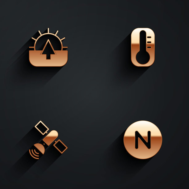 设置日出，温度计，卫星和指南针北面图标与长阴影。向量图片下载