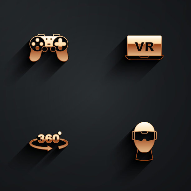 设置手柄，虚拟现实，360度视角和长阴影眼镜图标。向量图片下载