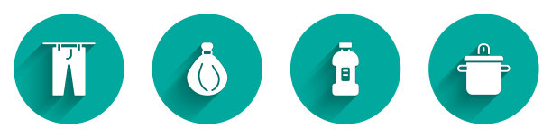 设置烘干衣服，垃圾袋，洗涤剂瓶和烹饪锅图标长阴影。向量图片下载