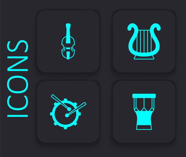 设置非洲打击鼓，小提琴，古希腊里拉和鼓与棍棒图标。黑色方形按钮。向量图片下载