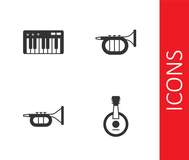 设置班卓琴，音乐合成器，小号和图标。向量图片下载