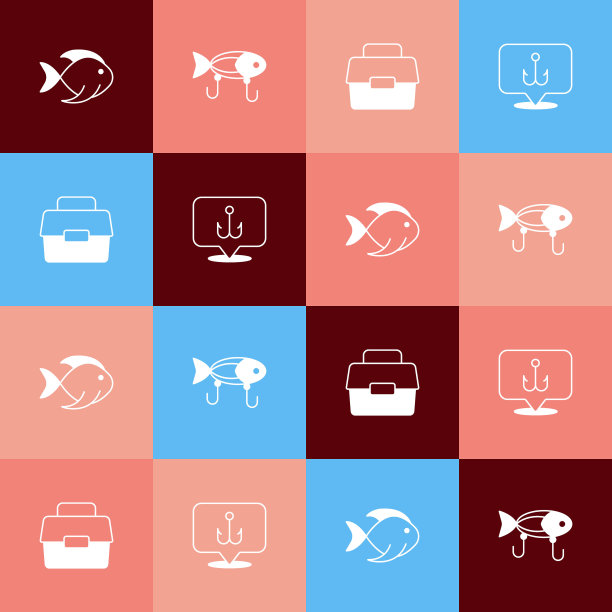 设置波普艺术鱼，鱼饵，案件或盒钓鱼和钩图标。向量图片下载