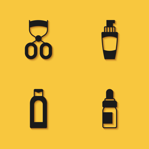 设置睫毛夹，精油瓶，洗发水瓶和护手霜的长阴影图标。向量图片下载