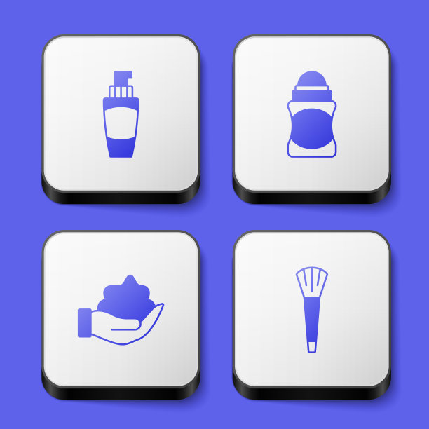 设置管护手霜，除臭剂卷，剃须泡沫和化妆刷图标。白色正方形按钮。向量图片下载