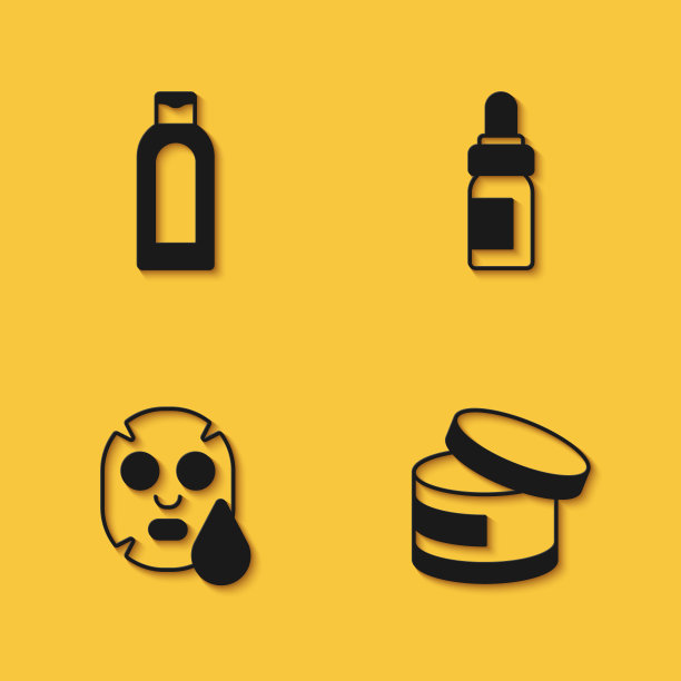 设置洗发香波，面霜或乳液化妆品管，面膜和精油瓶图标长阴影。向量图片下载