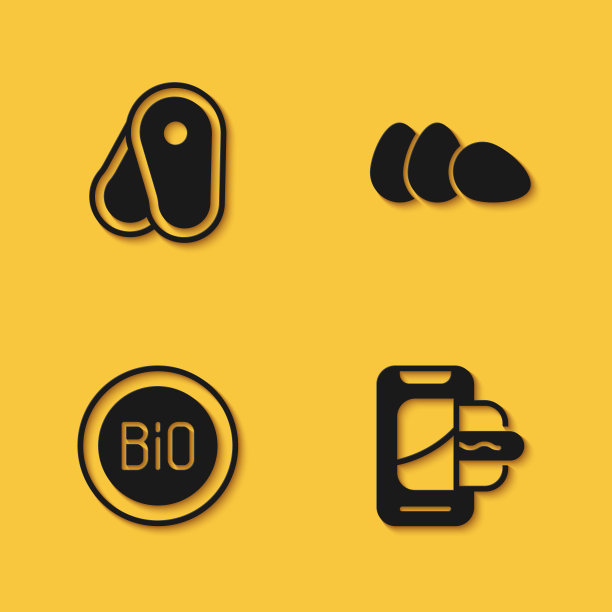 设置牛排肉，食品订购移动，横幅生物和鸡蛋图标与长阴影。向量图片下载