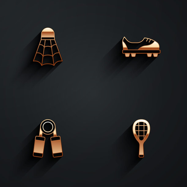 羽毛球羽毛球，足球鞋，运动扩展器和网球拍图标与长阴影。向量图片下载