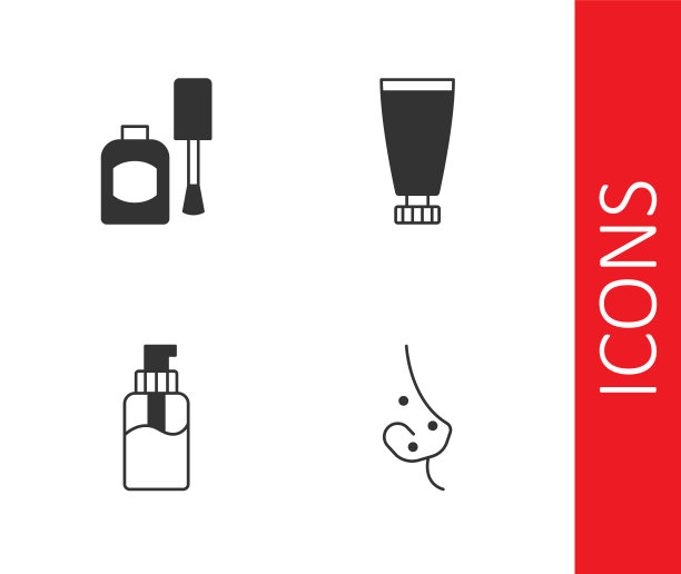 设置痤疮，瓶子指甲油，液体肥皂和霜或乳液化妆品管图标。向量图片下载