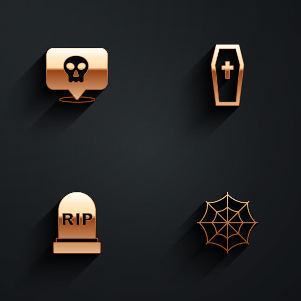 设置骷髅，棺材与基督教十字架，墓碑RIP书写和蜘蛛网图标与长阴影。向量图片下载