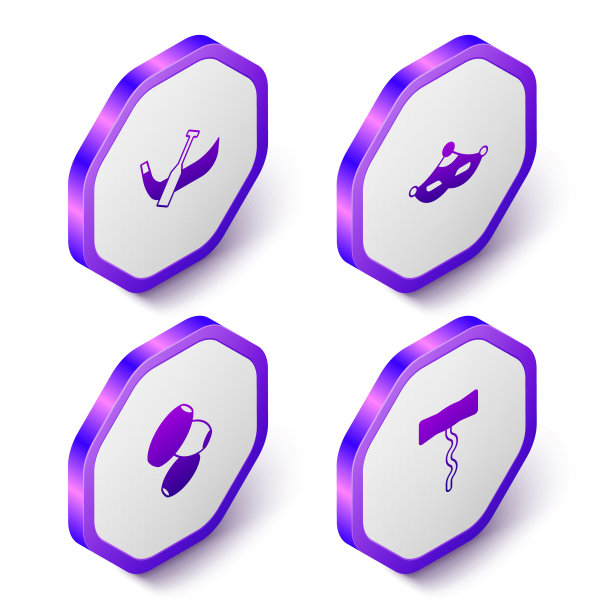 设置等距贡多拉船，嘉年华面具，橄榄和葡萄酒开瓶器图标。紫色的六角按钮。向量图片下载