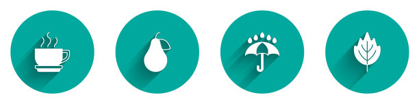 设置咖啡杯，梨，雨伞和雨滴和叶子图标与长阴影。向量图片下载