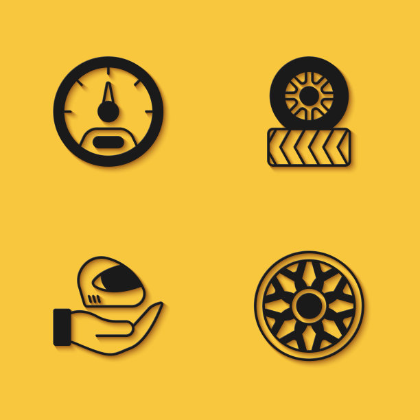 设置速度计，汽车合金车轮，赛车头盔和汽车轮胎图标与长阴影。向量图片下载