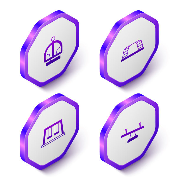 设置等距吸引旋转木马，猴子酒吧，秋千为孩子和跷跷板图标。紫色的六角按钮。向量图片下载