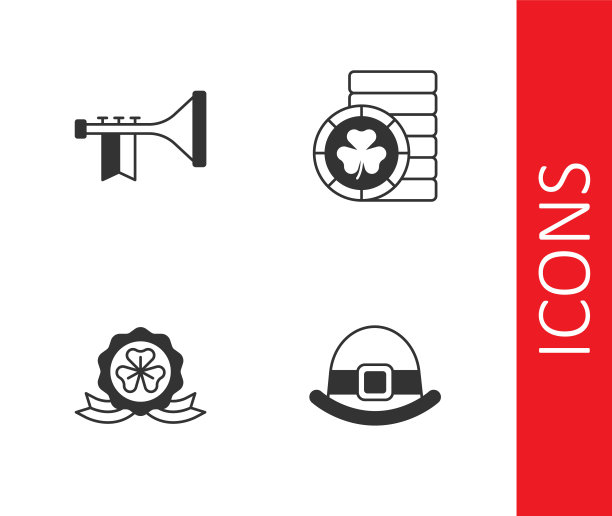 设置小妖精的帽子，小号，奖章与三叶草和金色小妖精硬币图标。向量图片下载