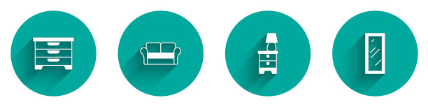 设置抽屉衣柜，沙发，家具床头柜灯和大全长镜子图标与长阴影。向量图片下载