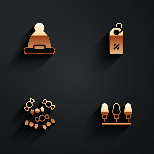 设置圣诞老人的帽子，折扣标签，糖果和灯饰图标与长阴影。向量图片下载