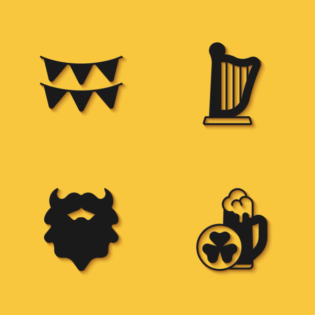 设置狂欢节花环与旗帜，啤酒，胡子胡子和竖琴图标与长影子。向量图片下载