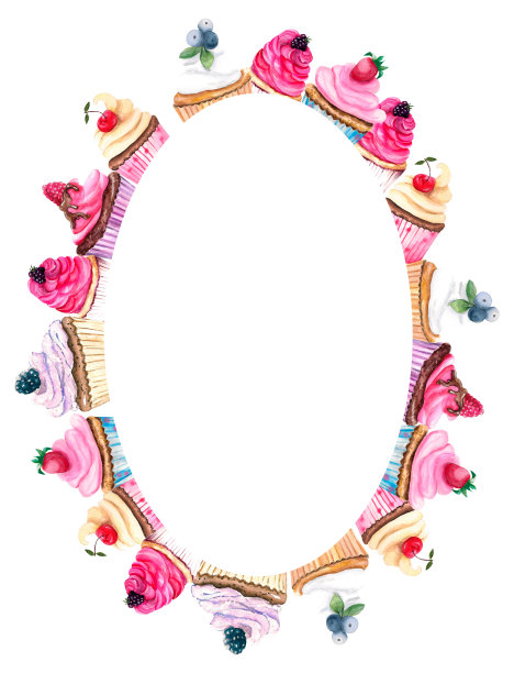 水彩模板。由水彩甜点制成的框架。用甜纸杯蛋糕镶边图片下载