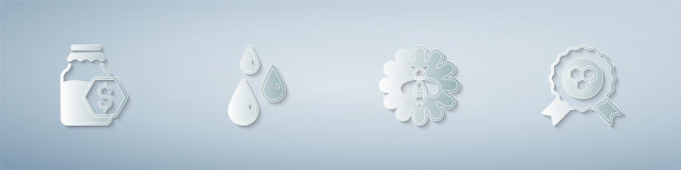 集销售在罐子蜂蜜，滴，蜂花和蜂蜜奖。纸艺术风格。向量图片下载