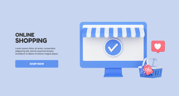 网上购物横幅模板与计算机显示器和购物篮。网页模型的推广。现在商店按钮。3 d渲染。蓝色的图片下载