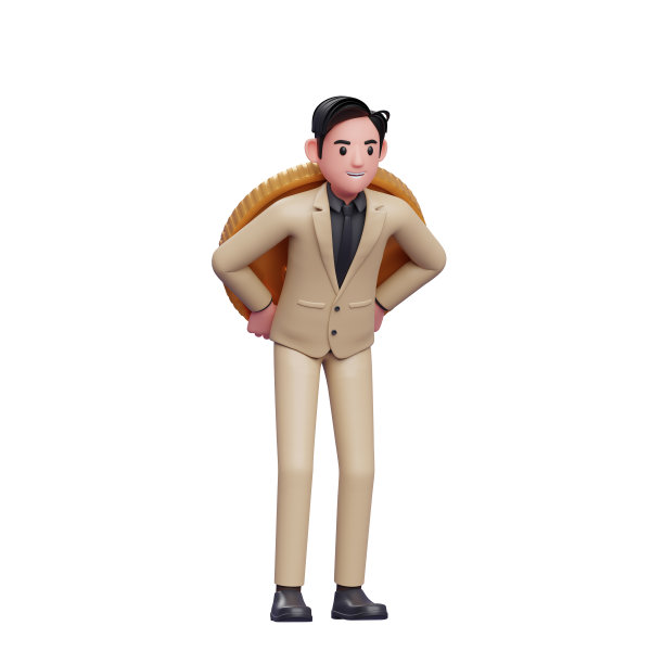 商人背着一枚巨大的硬币，3d商人人物插画图片下载