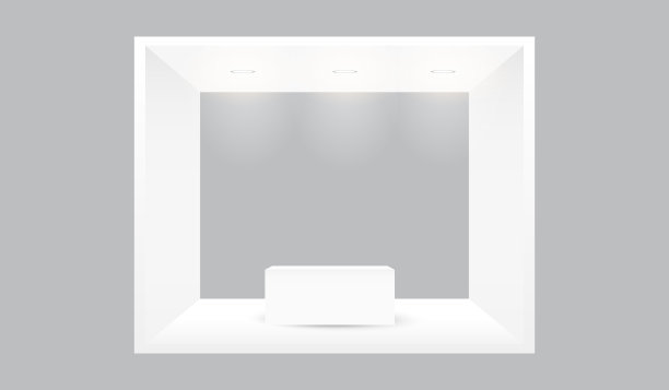 展览摊位贸易展企业身份展台模拟盒风格与筒灯模板。为市场营销和活动概念设计大厅的零售摊位图片下载