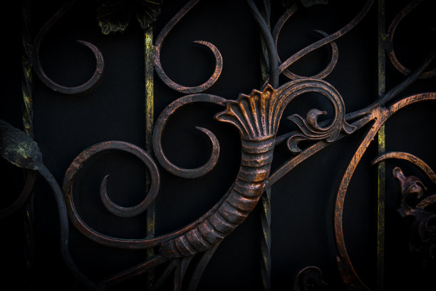 美丽的金属门与锻造元素在黑暗的颜色图片下载