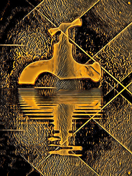 一个传统水龙头的象形图，在纹理上反射黑色的金属青铜和金色的背景图片下载